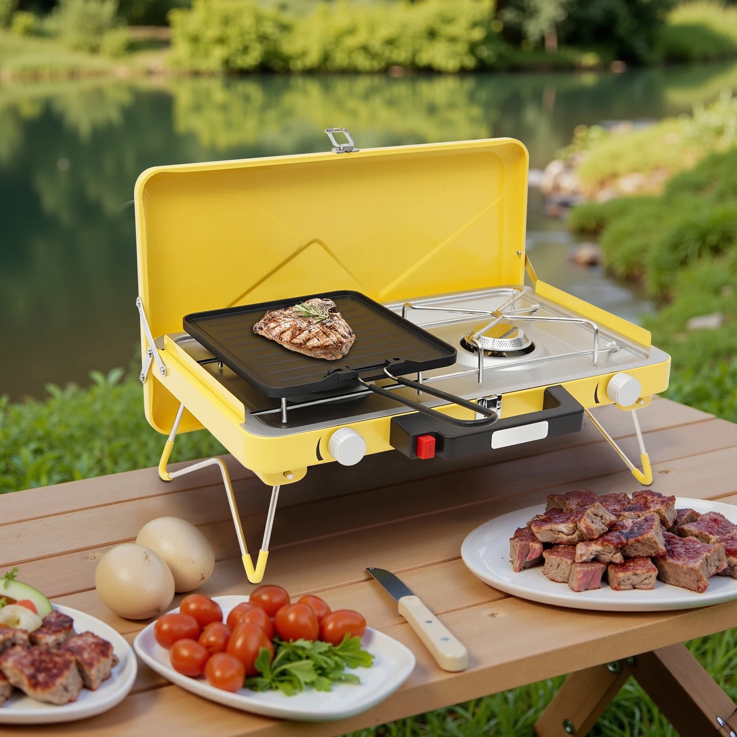 2-Burner Portable Camp Stove Tabletop Stainless Steel Camping Stove with Baking Pan and Carrying Case for Camping Picnics Hiking
