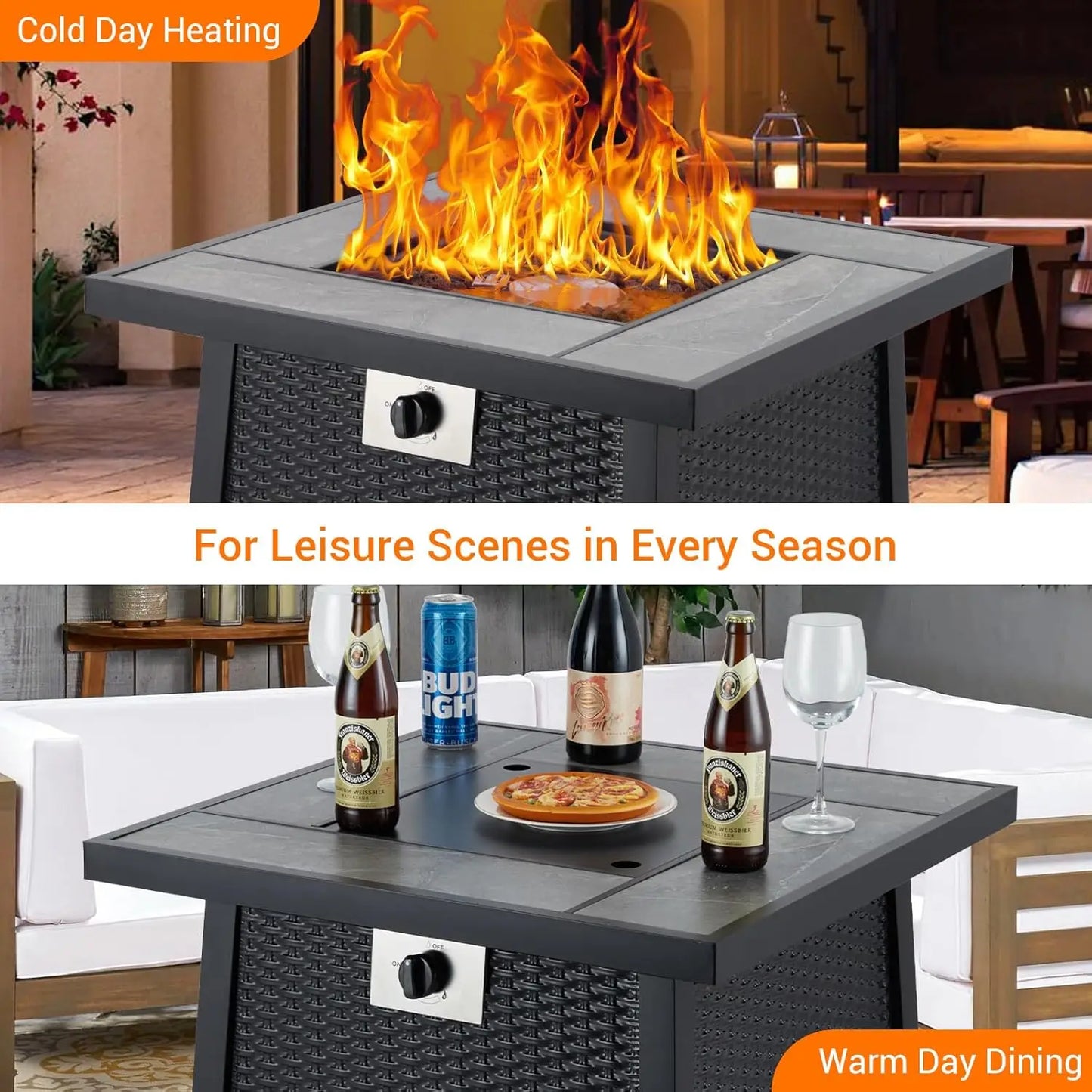 28 Inch Outdoor Fire Pit Table 50000 BTU Propane Fire Pits with Rain Cover Glass Stones Lid Wicker Gas Fire Pit for Patio Garden