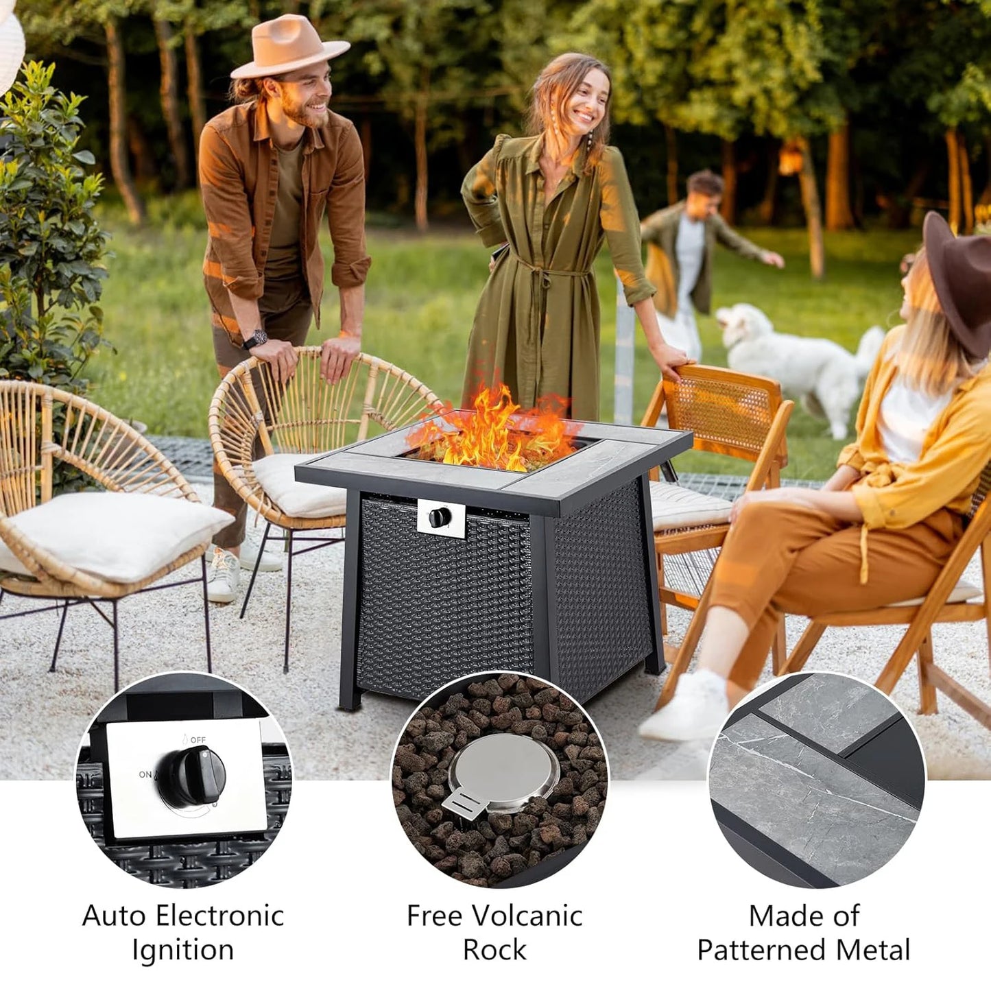 28 Inch Outdoor Fire Pit Table 50000 BTU Propane Fire Pits with Rain Cover Glass Stones Lid Wicker Gas Fire Pit for Patio Garden