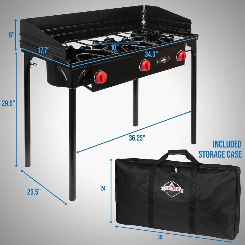 Hike Crew Cast Iron 3-Burner Outdoor Gas Stove | 225,000 BTU Portable Propane Cooktop w/Blue Flame Control, Removable Legs