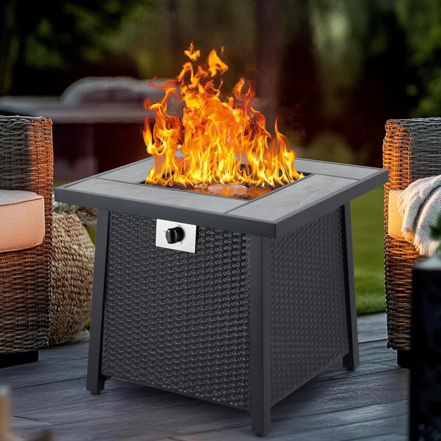 28 Inch Outdoor Fire Pit Table 50000 BTU Propane Fire Pits with Rain Cover Glass Stones Lid Wicker Gas Fire Pit for Patio Garden