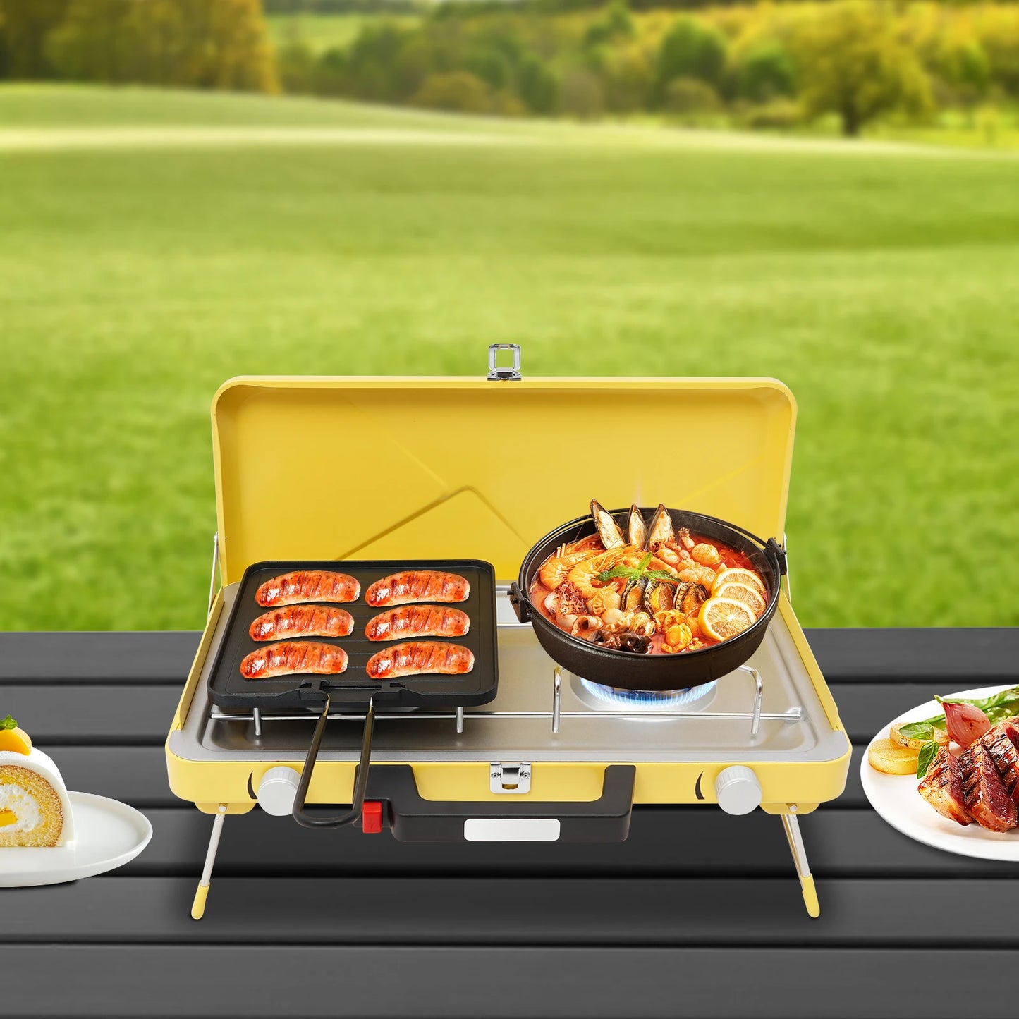 2-Burner Portable Camp Stove Tabletop Stainless Steel Camping Stove with Baking Pan and Carrying Case for Camping Picnics Hiking