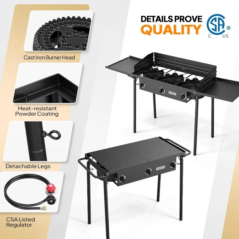 ROVSUN 3 Burner Gas Stove with 2 Side Shelves, 225,000BTU Portable Propane Stove with Removable Leg, Wind Panel