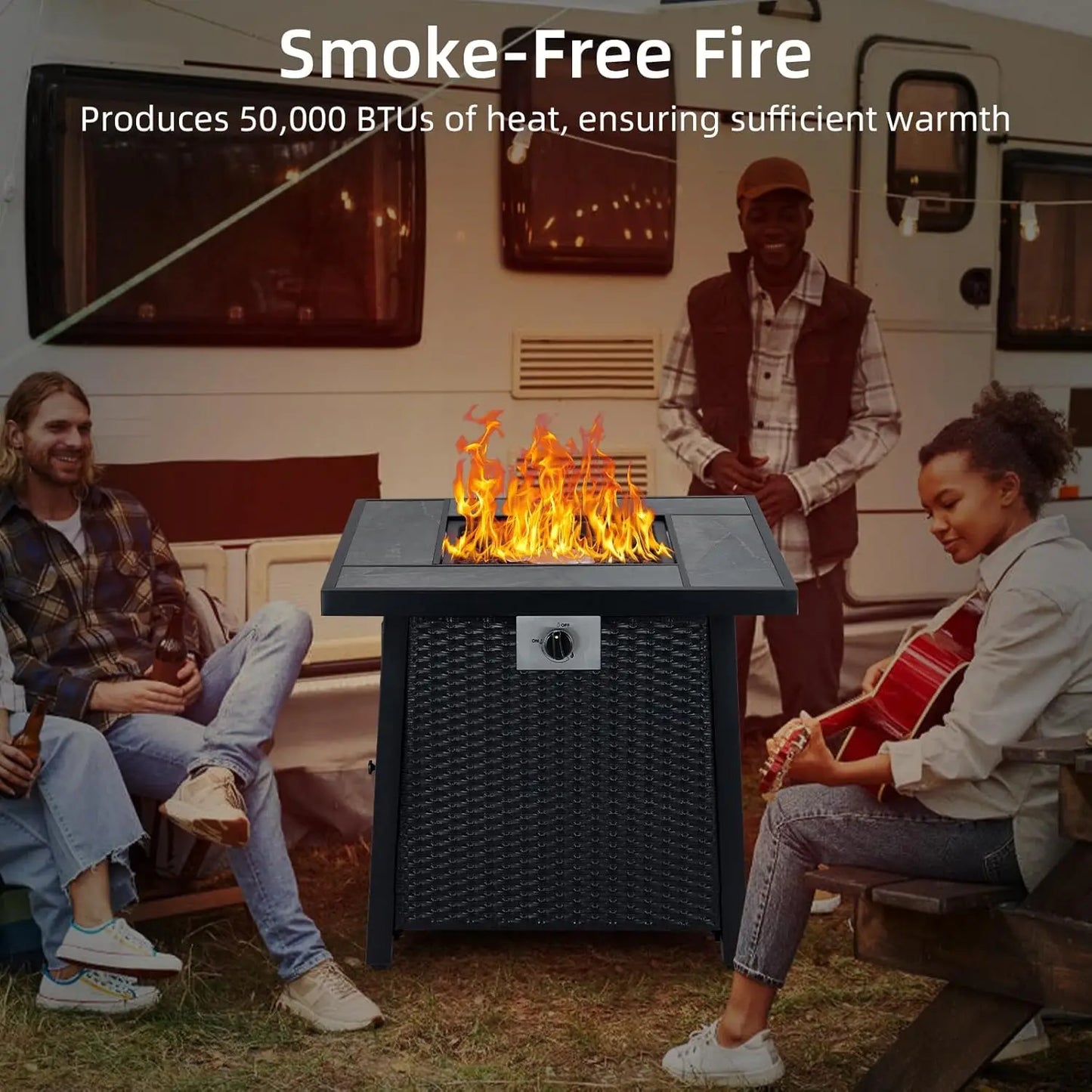 28 Inch Outdoor Fire Pit Table 50000 BTU Propane Fire Pits with Rain Cover Glass Stones Lid Wicker Gas Fire Pit for Patio Garden