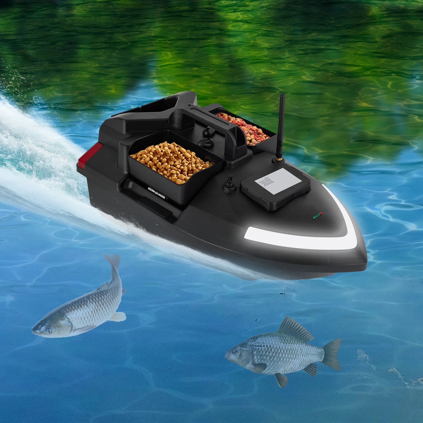 Fishing Boat with Dual Motors, 12000mAh Battery, Cruise Control, Automatic Route Correction, Independent Bait Compartments,