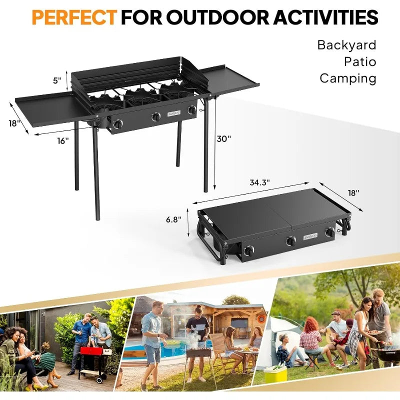 ROVSUN 3 Burner Gas Stove with 2 Side Shelves, 225,000BTU Portable Propane Stove with Removable Leg, Wind Panel
