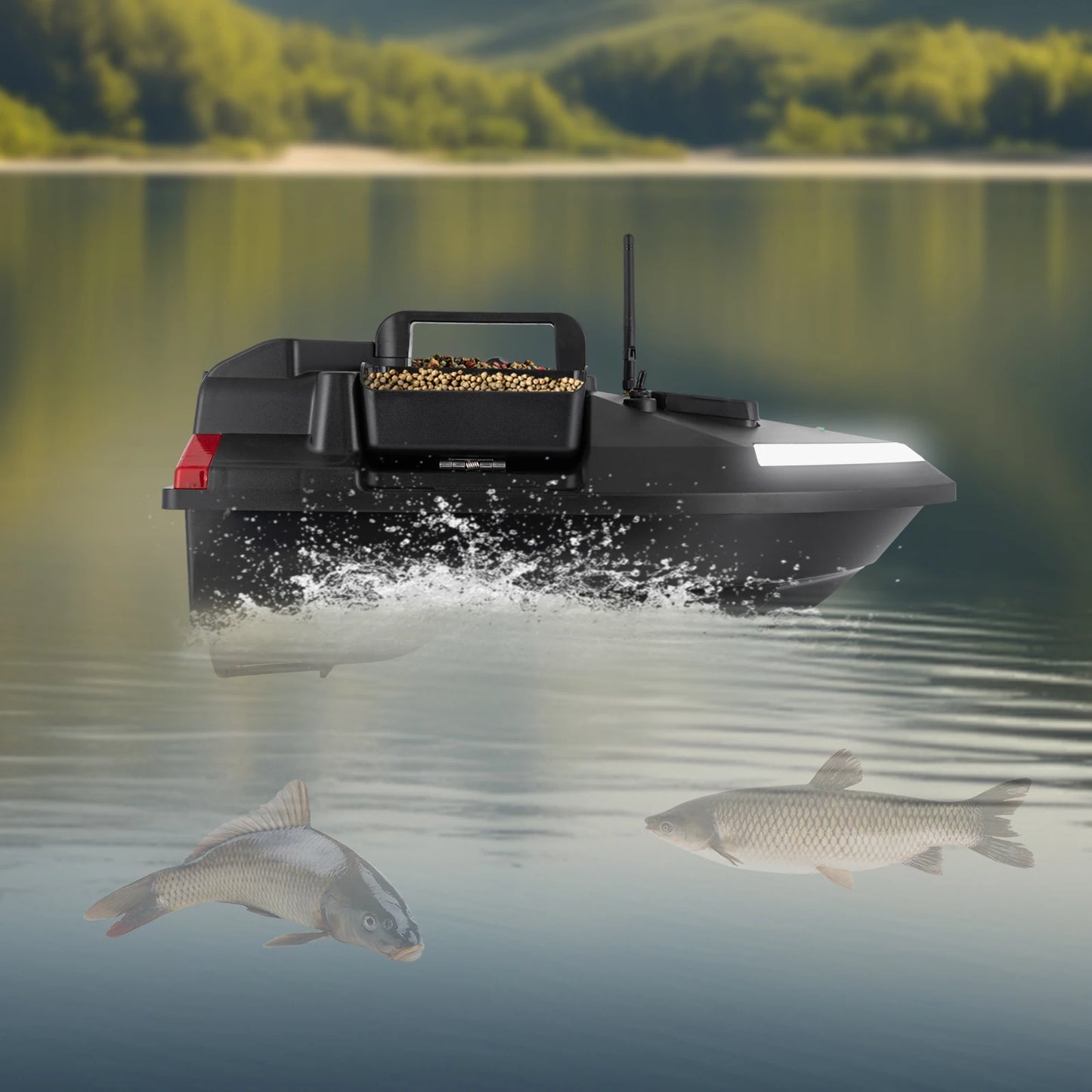 Fishing Boat with Dual Motors, 12000mAh Battery, Cruise Control, Automatic Route Correction, Independent Bait Compartments,