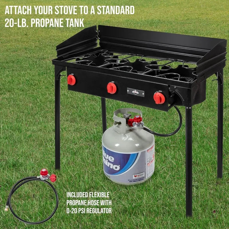 Hike Crew Cast Iron 3-Burner Outdoor Gas Stove | 225,000 BTU Portable Propane Cooktop w/Blue Flame Control, Removable Legs