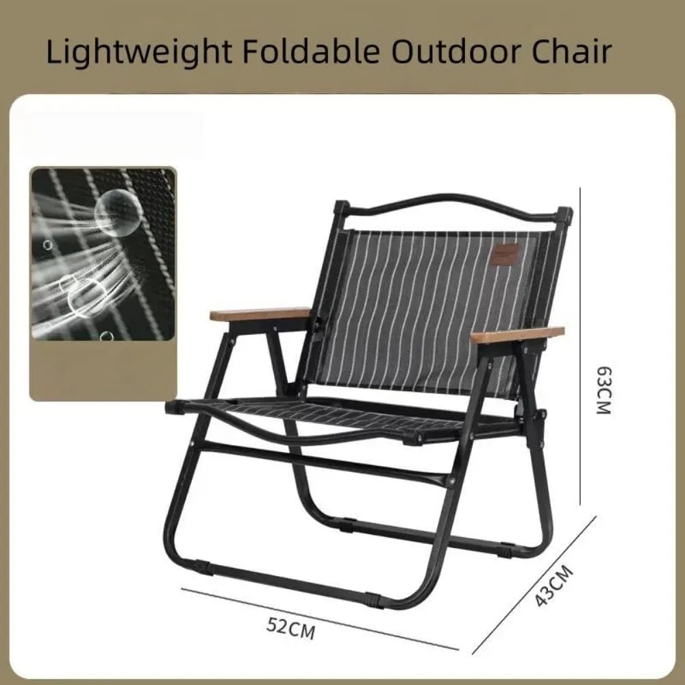 Lightweight Folding Camping Chair, Portable Collapsible Fishing Chair, Thickened Steel Tube Frame, Solid Wood Armrests, Teslin