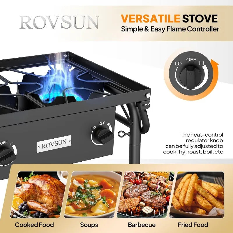 ROVSUN 3 Burner Gas Stove with 2 Side Shelves, 225,000BTU Portable Propane Stove with Removable Leg, Wind Panel