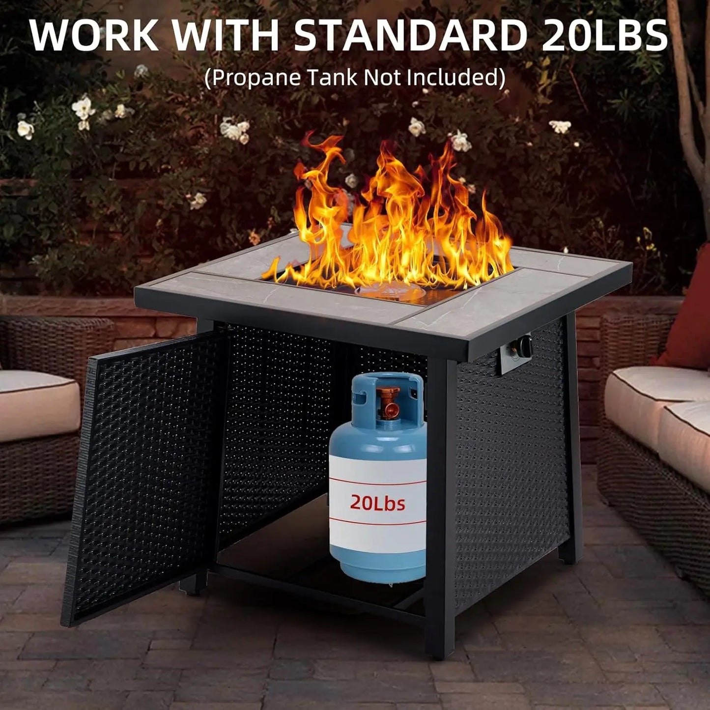 28 Inch Outdoor Fire Pit Table 50000 BTU Propane Fire Pits with Rain Cover Glass Stones Lid Wicker Gas Fire Pit for Patio Garden