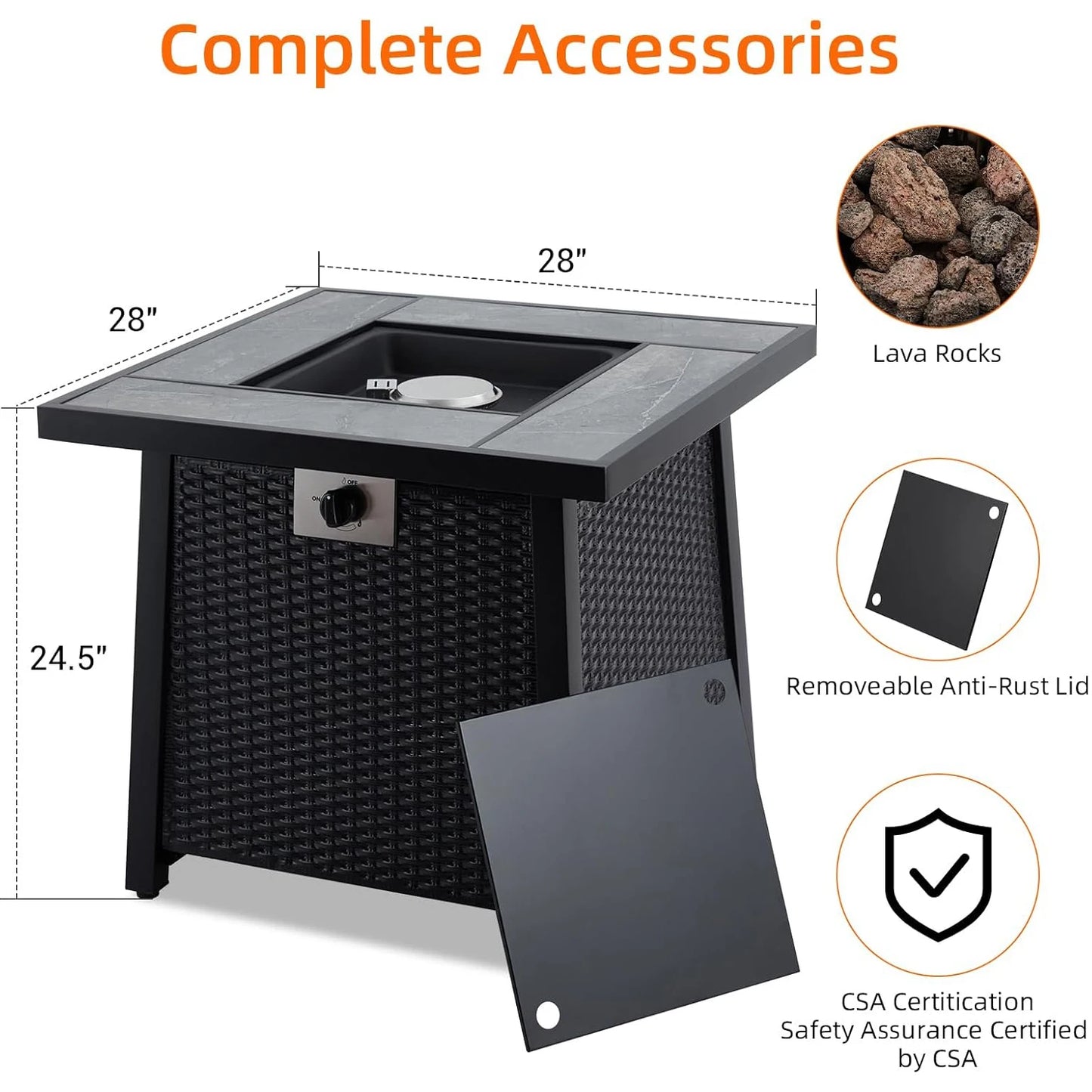 28 Inch Outdoor Fire Pit Table 50000 BTU Propane Fire Pits with Rain Cover Glass Stones Lid Wicker Gas Fire Pit for Patio Garden