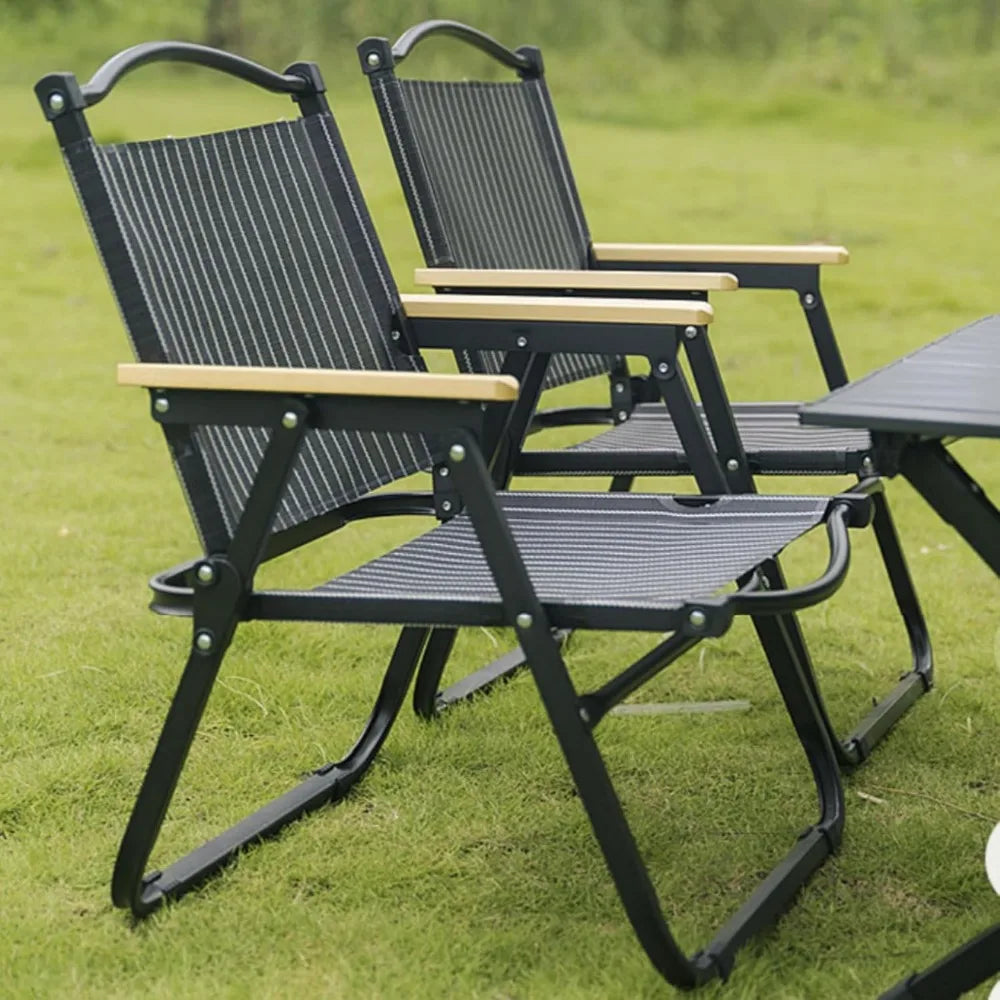 Lightweight Folding Camping Chair, Portable Collapsible Fishing Chair, Thickened Steel Tube Frame, Solid Wood Armrests, Teslin