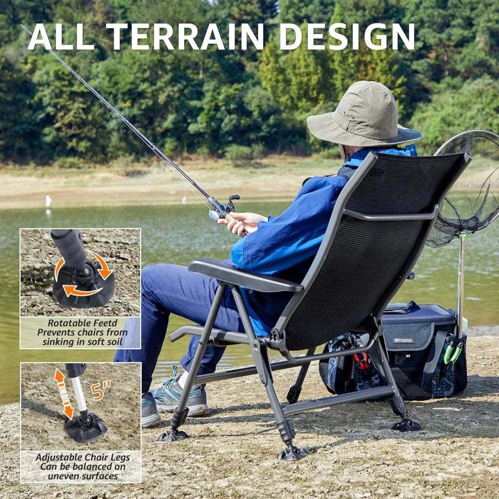 Folding Camping Chair Support 350 LBS, Outdoor Fishing Chair for Adults Breathable Mesh with Adjustable High Back Support and Le