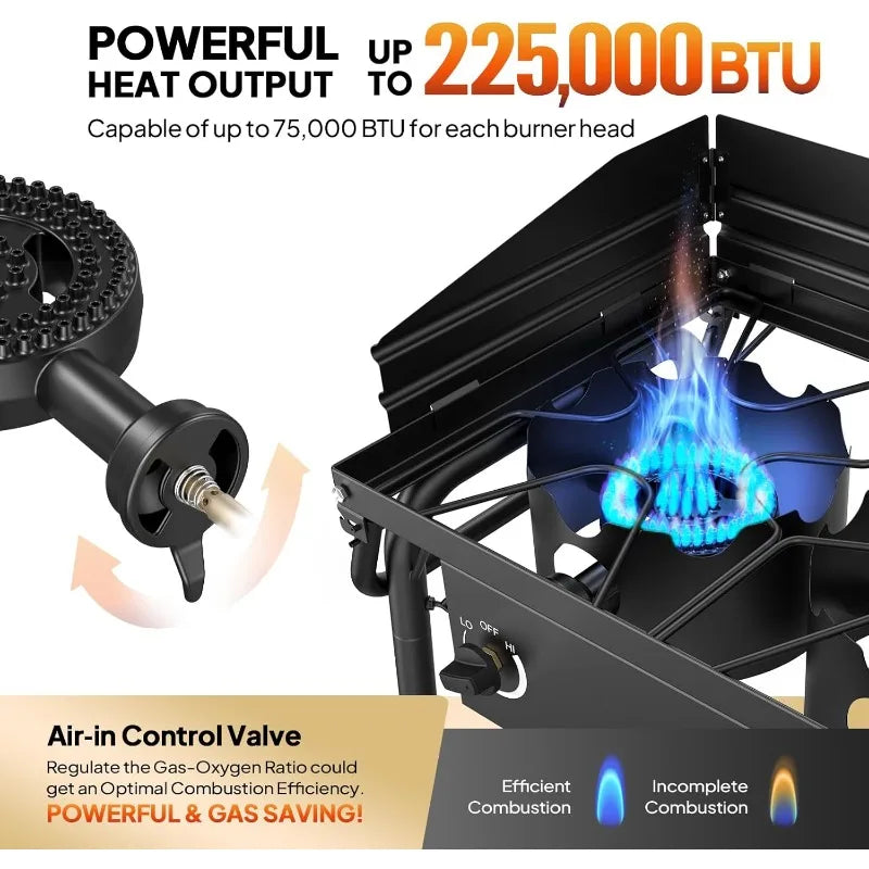 ROVSUN 3 Burner Gas Stove with 2 Side Shelves, 225,000BTU Portable Propane Stove with Removable Leg, Wind Panel
