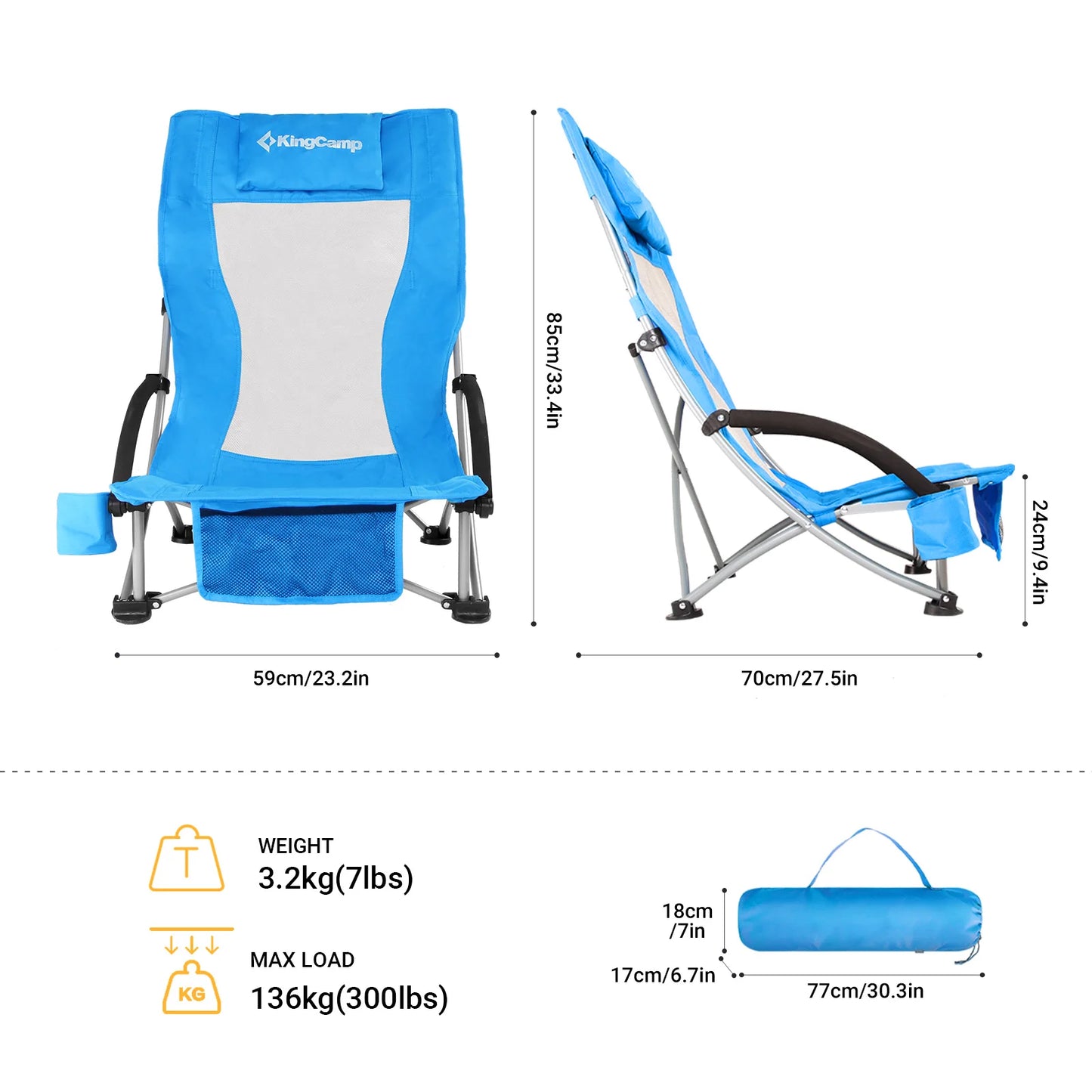 KingCamp High Back Beach Chair Backpack Chair, Camping BBQ Beach Travel Picnic with Padded Armrests with Cup Holder, Portable