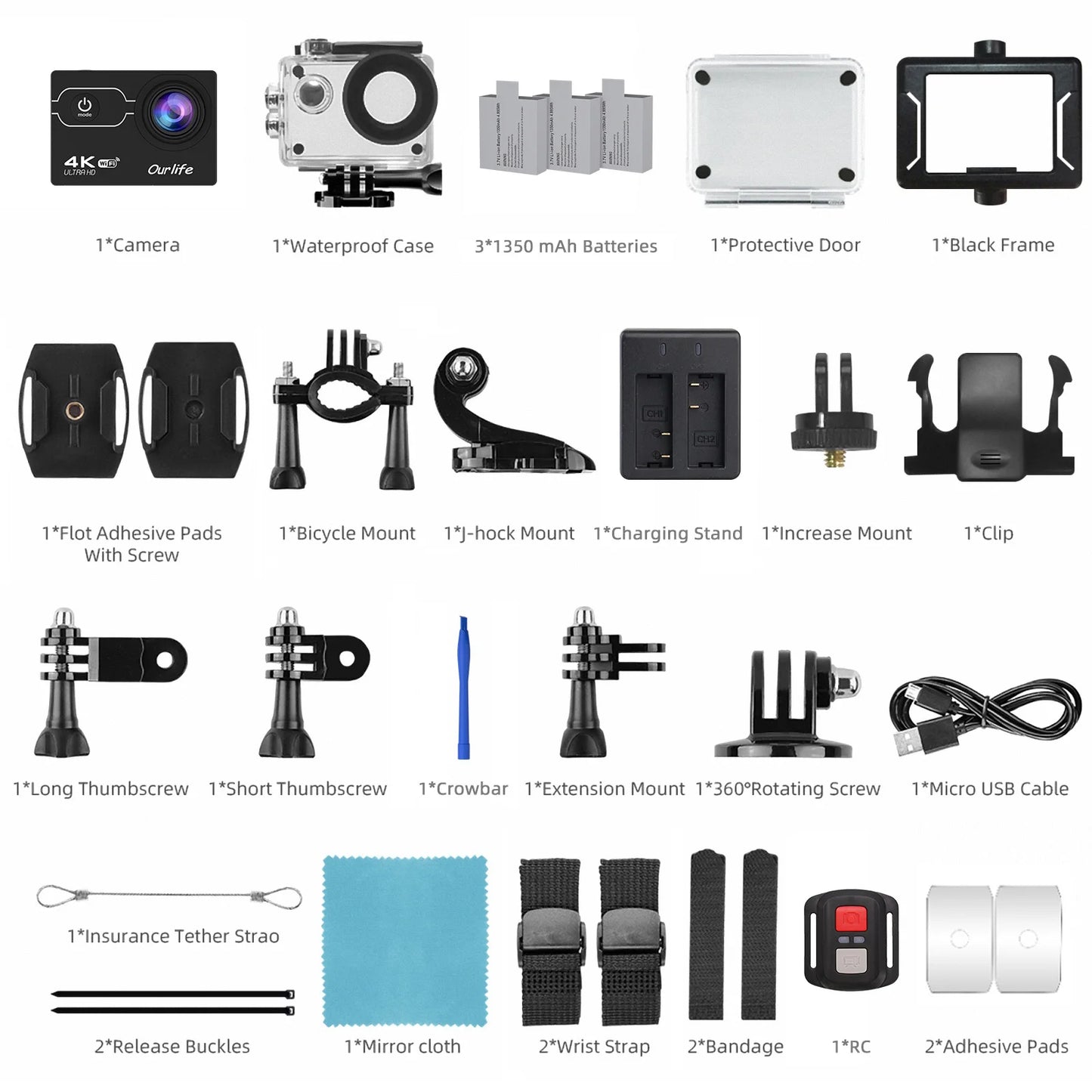 4K Action Camera Ultra HD WiFi 2.0-inch Screen 30M Waterproof Sports Video Action Cameras Bicycle Helmet Camera with 3 Battery