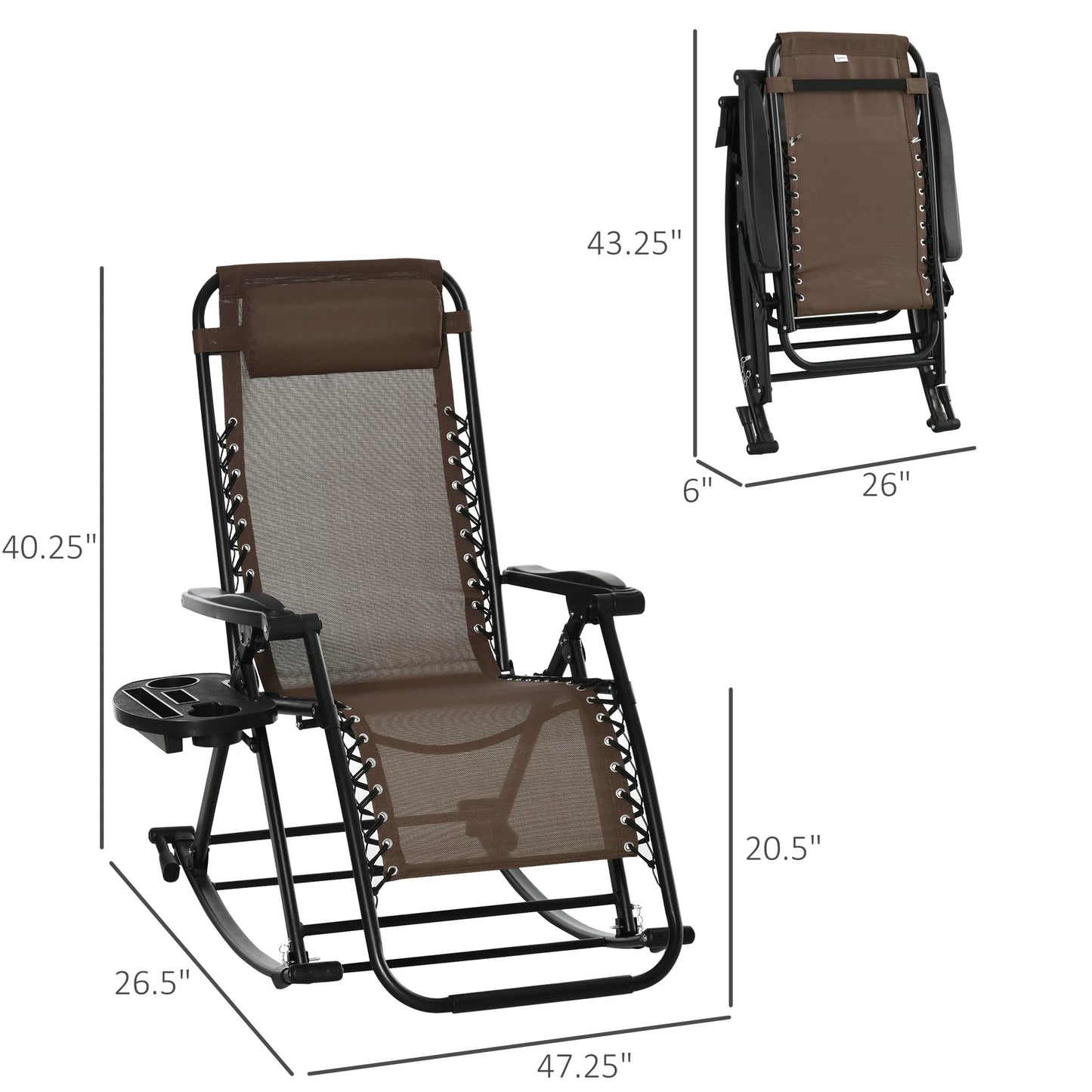 Zero Gravity Reclining Rocking Chair, Folding Lounge, Pillow, Cup Holder, Brown