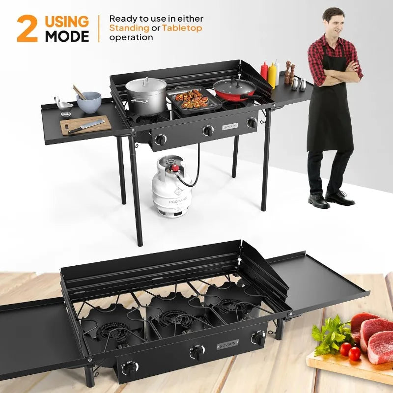 ROVSUN 3 Burner Gas Stove with 2 Side Shelves, 225,000BTU Portable Propane Stove with Removable Leg, Wind Panel