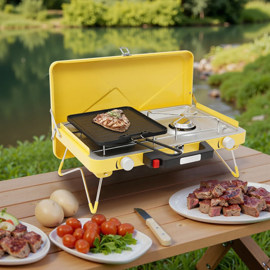 2-Burner Portable Camp Stove Tabletop Stainless Steel Camping Stove with Baking Pan and Carrying Case for Camping Picnics Hiking