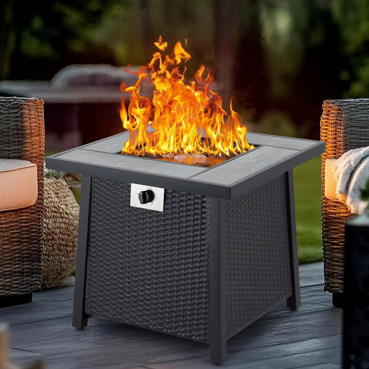 28 Inch Outdoor Fire Pit Table 50000 BTU Propane Fire Pits with Rain Cover Glass Stones Lid Wicker Gas Fire Pit for Patio Garden