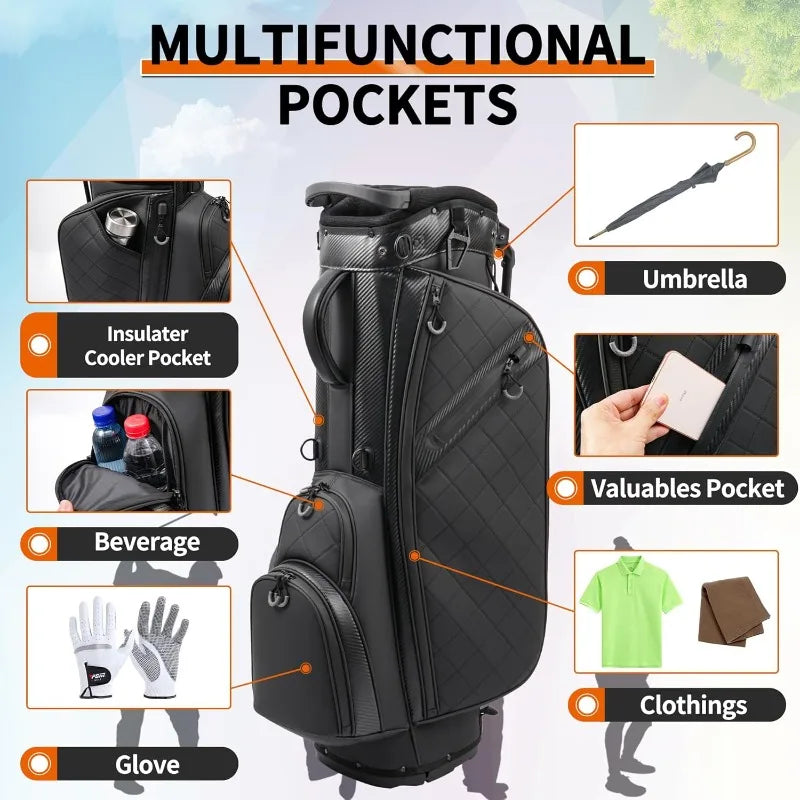 Golf Stand Bag with 14 Way Full Length Dividers, PU Leather Golf Bag for Men, Luxury Lightweight Waterproof Golf Bags,6 Pockets