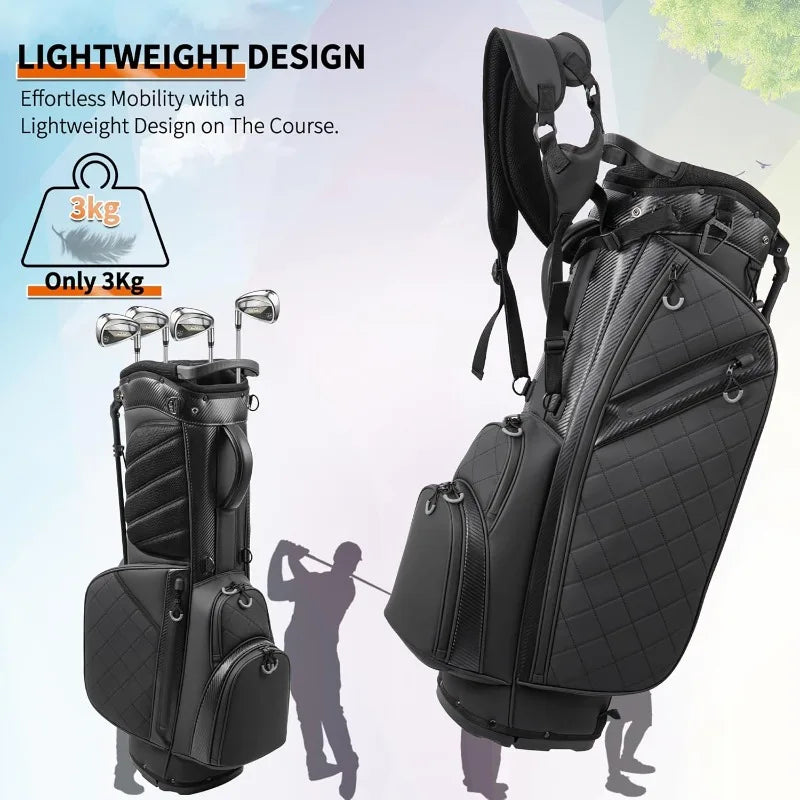 Golf Stand Bag with 14 Way Full Length Dividers, PU Leather Golf Bag for Men, Luxury Lightweight Waterproof Golf Bags,6 Pockets