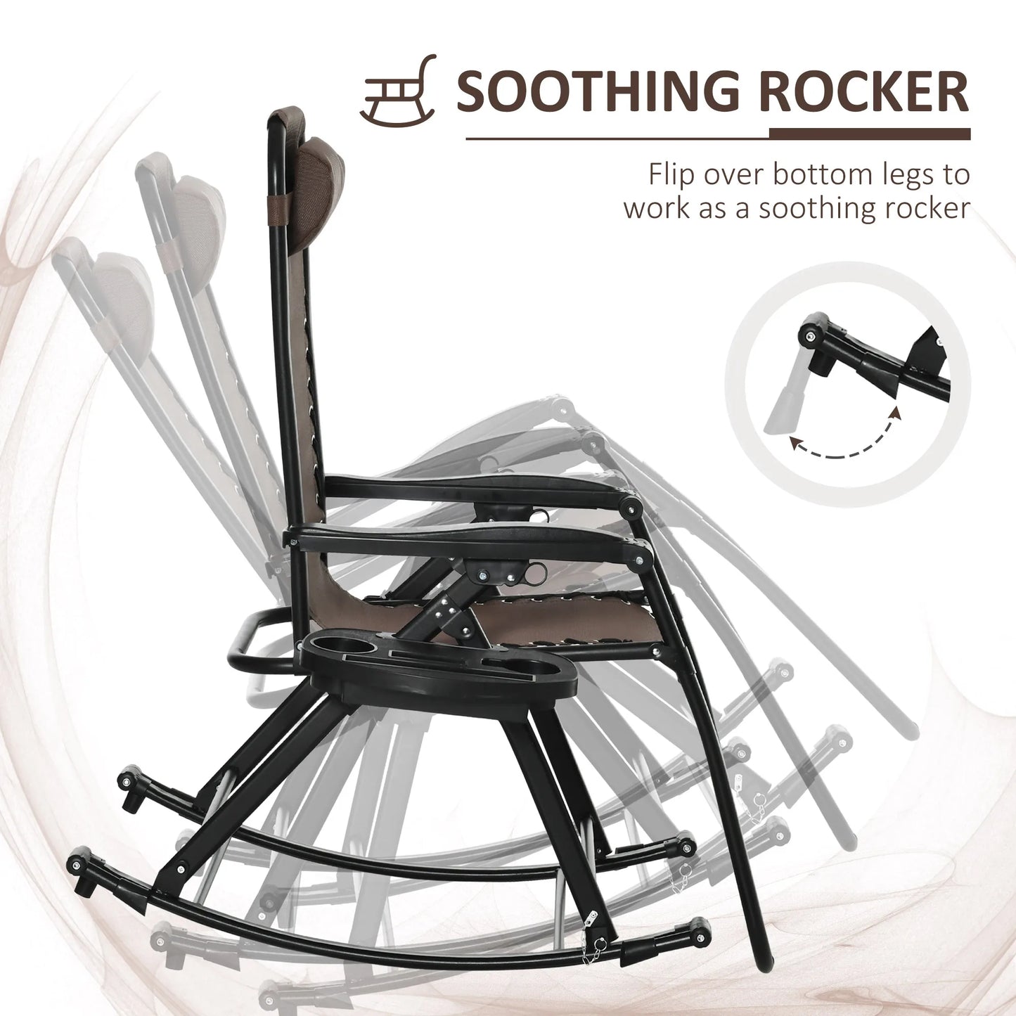 Zero Gravity Reclining Rocking Chair, Folding Lounge, Pillow, Cup Holder, Brown