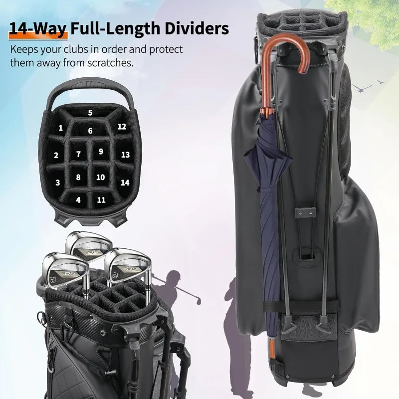 Golf Stand Bag with 14 Way Full Length Dividers, PU Leather Golf Bag for Men, Luxury Lightweight Waterproof Golf Bags,6 Pockets
