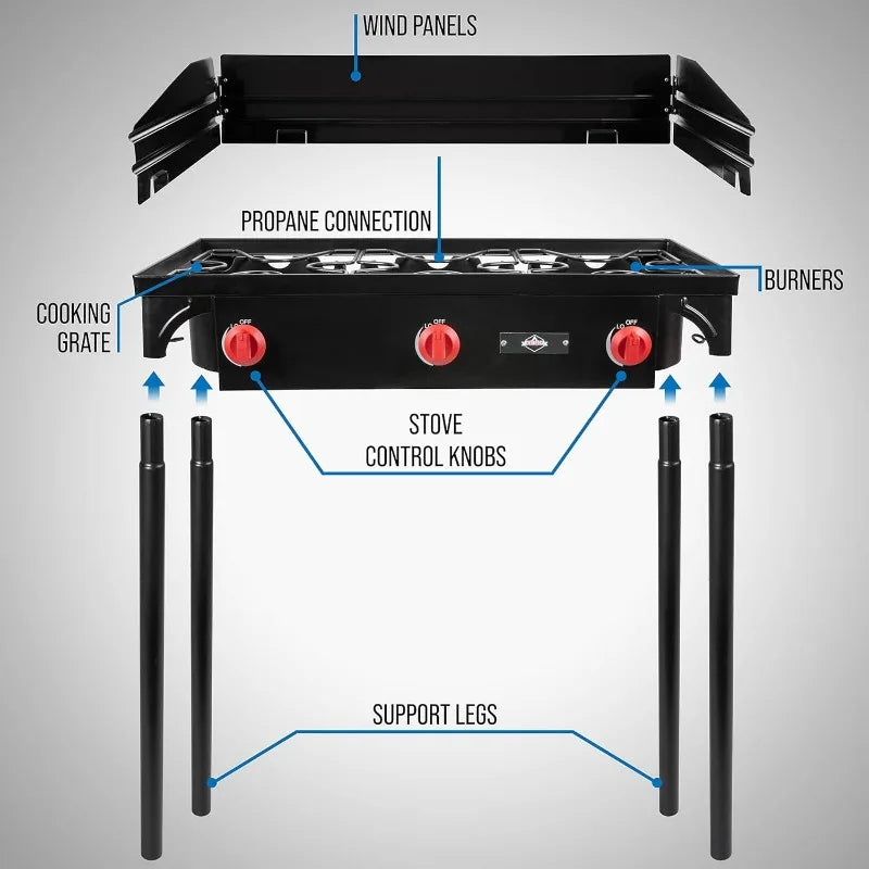 Hike Crew Cast Iron 3-Burner Outdoor Gas Stove | 225,000 BTU Portable Propane Cooktop w/Blue Flame Control, Removable Legs