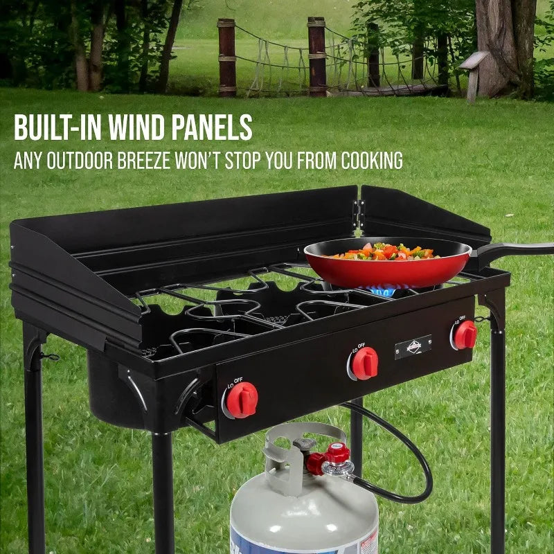 Hike Crew Cast Iron 3-Burner Outdoor Gas Stove | 225,000 BTU Portable Propane Cooktop w/Blue Flame Control, Removable Legs