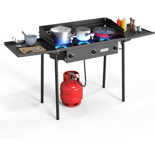 ROVSUN 3 Burner Gas Stove with 2 Side Shelves, 225,000BTU Portable Propane Stove with Removable Leg, Wind Panel